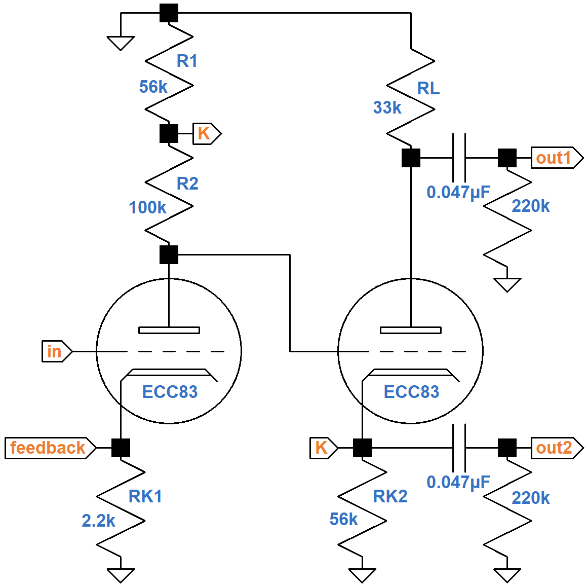 Davoli voltage amplifier and phase inverter simplified AC circuit