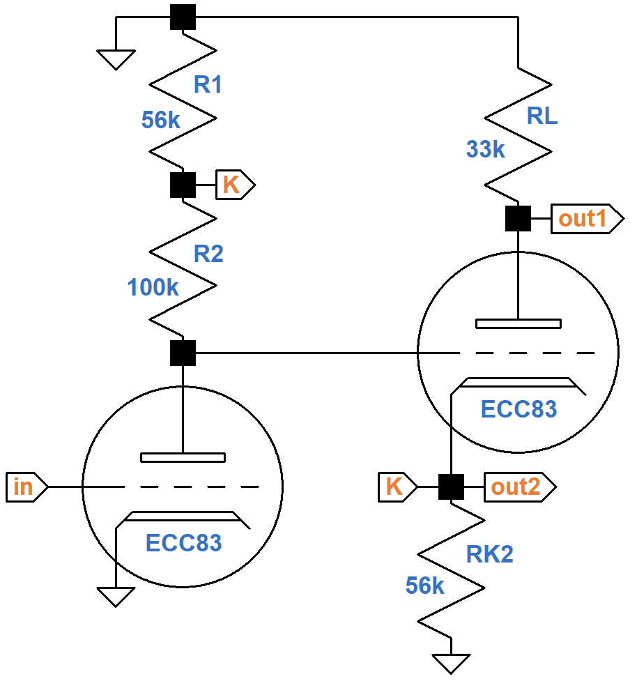 Davoli voltage amplifier and phase inverter simplified AC circuit without an AC load