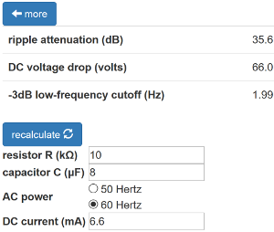 RC ripple filter calculator