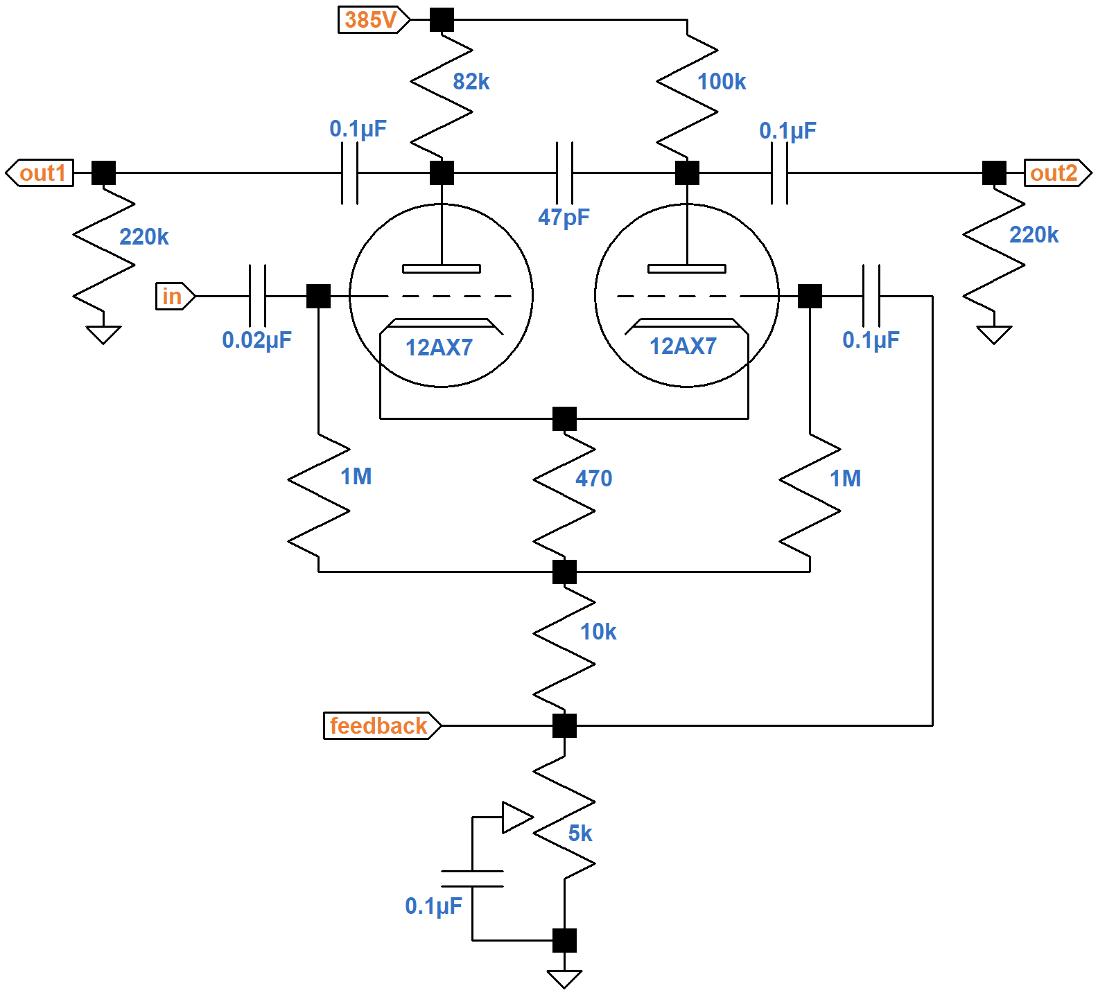 Fender Bassman 5F6-A long-tailed-pair phase inverter schematic