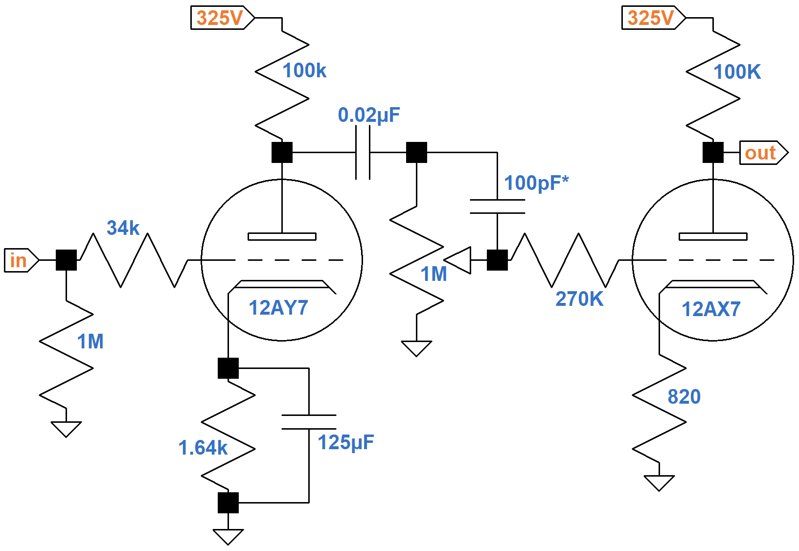 Fender Bassman 5F6-A schematic of first two stages