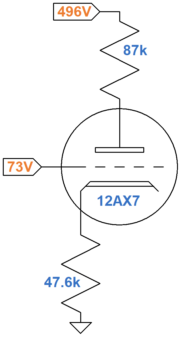 Hiwatt phase inverter equivalent circuit for one tube under DC conditions