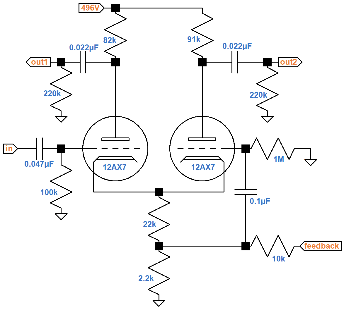 Hiwatt phase inverter equivalent circuit for bass frequencies