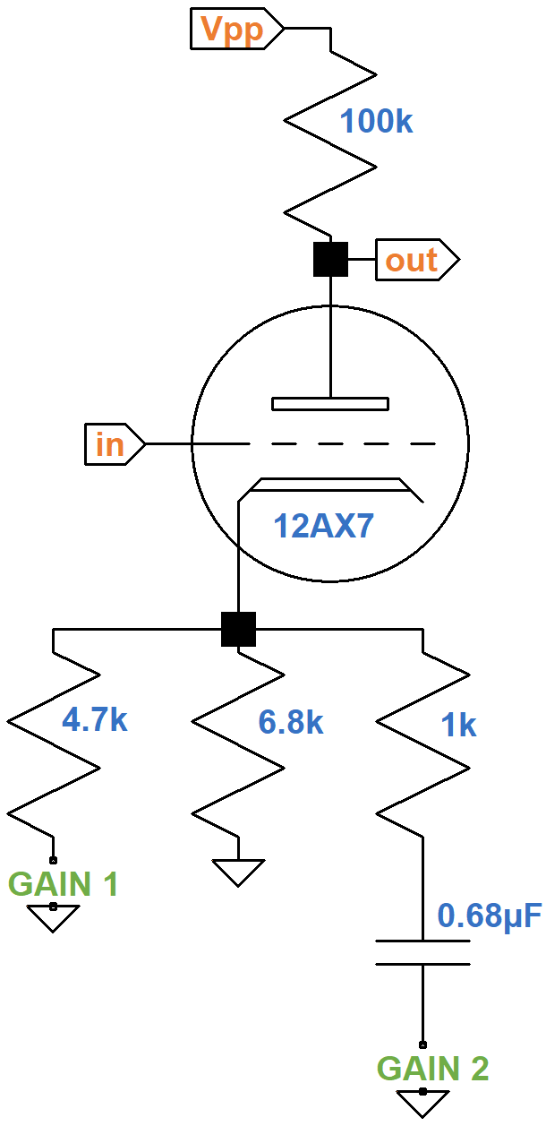 Peavey VT 120 switchable preamp gain circuit