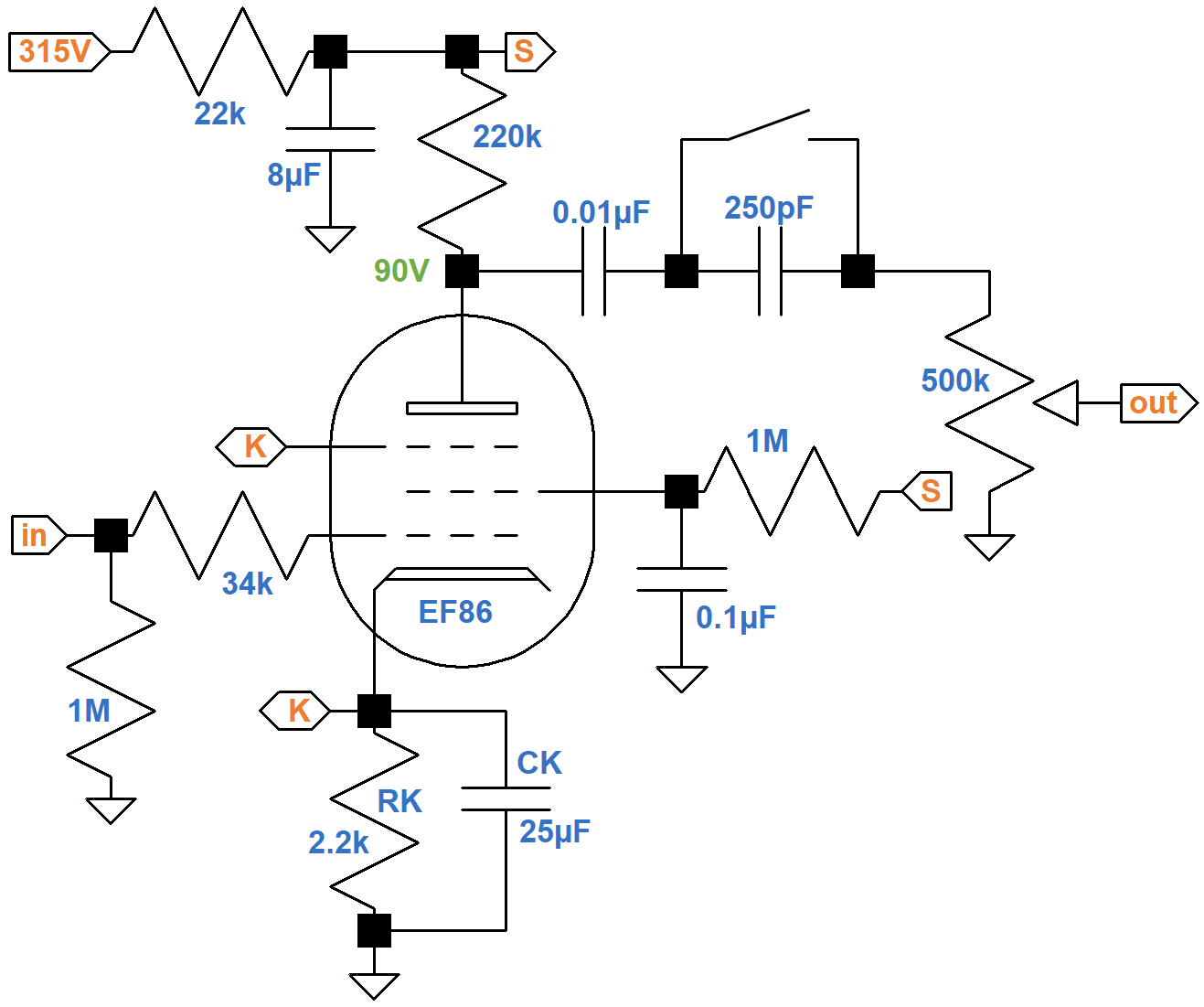 Vox AC15 EF86 pentode preamp circuit