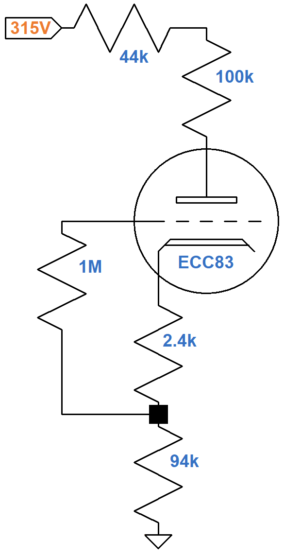 Vox AC15 phase inverter equivalent DC circuit for one triode