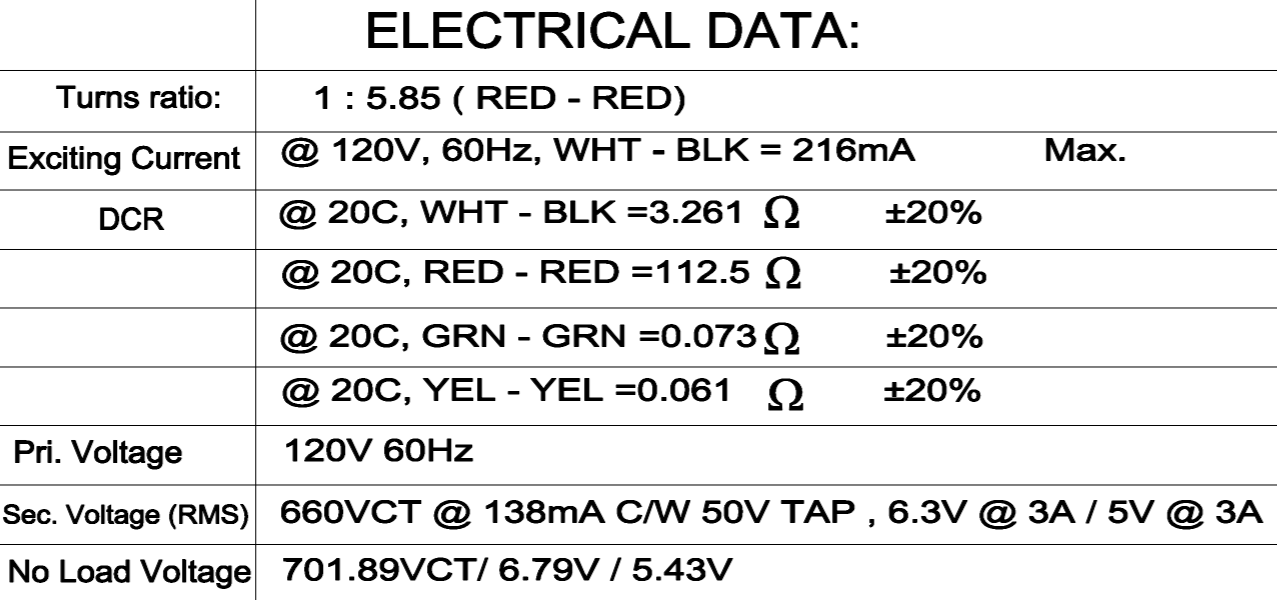 Hammond 290BX Power Transformer Specifications