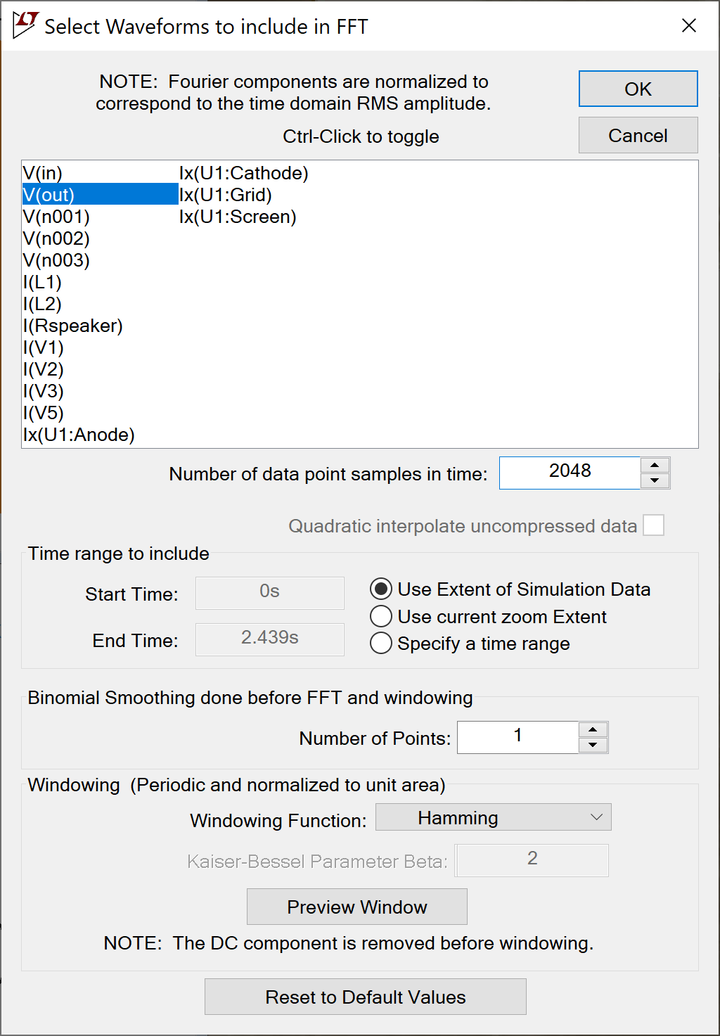 LTspice FFT setup window