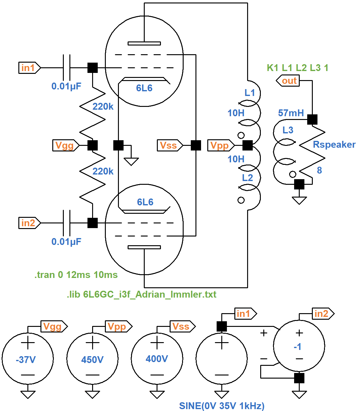 SPICE transient simulation to validate 6L6 model