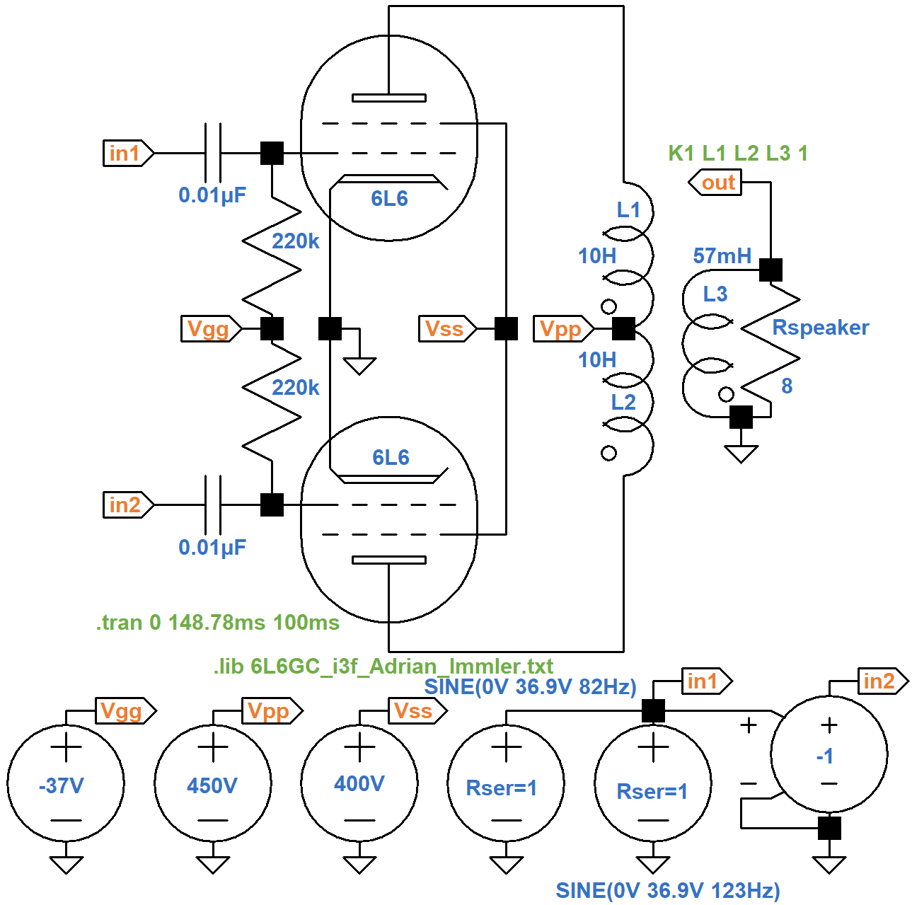 6L6 push-pull power amp set to mix two sine waves