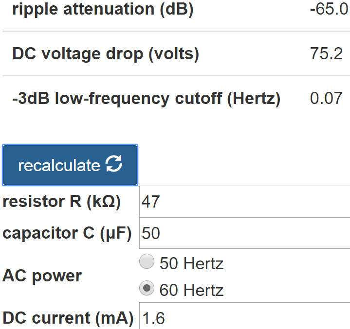 RC ripple filter calculator